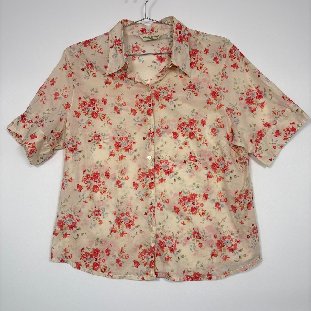 Eddie Bauer Womens Short Sleeve Shirt XL Cream Red Floral Cotton Button Down